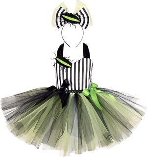 Kids Halloween Tulle Tutu Dress Green Black Striped Top, Hair Bow, Size 5-6 NEW